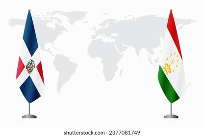 Dominican Republic and Tajikistan flags for official meeting against background of world map.