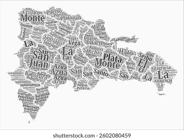 Dominican Republic Text Style Regions. Country region names word clouds in Spanish language. Stylish vector illustration.