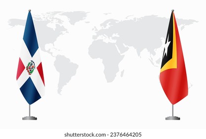 Dominican Republic and Timor-Leste flags for official meeting against background of world map.