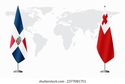 Dominican Republic and Tonga flags for official meeting against background of world map.