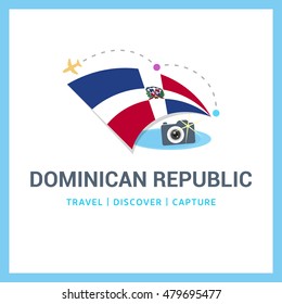 Dominican Republic Travel, Discover, Capture logo - Vector travel Photographer logo design - Country Flag Travel, Discover and Photographer Conceptual logotype - vector illustration