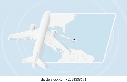 Dominican Republic Travel Illustration with Plane and National Flag. Ideal for travel agencies, promotional materials, or geographic content related to Dominican Republic.