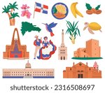Dominican republic travel set with isolated front view icons of famous buildings sights food and nature vector illustration