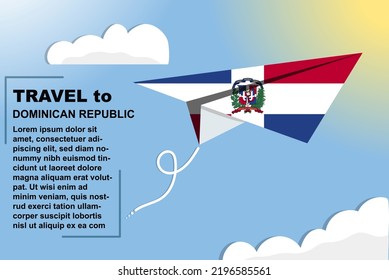 Dominican Republic travel vector banner with paper flag and text space, Dominican country flag on paper plane, holiday and vacation concept, summer travel template and pattern, flight ticket idea
