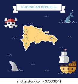 Dominican Republic treasure map in flat design.. Colorful cartoon treasure map of Dominican Republic with flat design icons of pirate ship and jolly roger.
