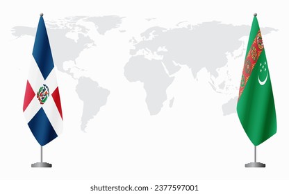 Dominican Republic and Turkmenistan flags for official meeting against background of world map.