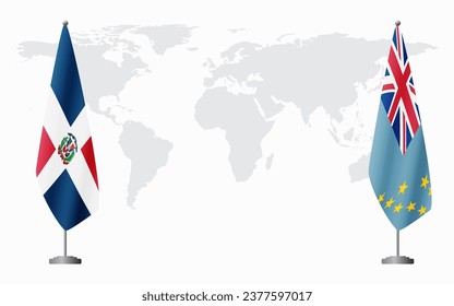 Dominican Republic and Tuvalu flags for official meeting against background of world map.