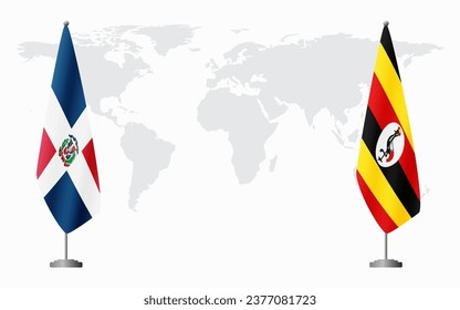 Dominican Republic and Uganda flags for official meeting against background of world map.