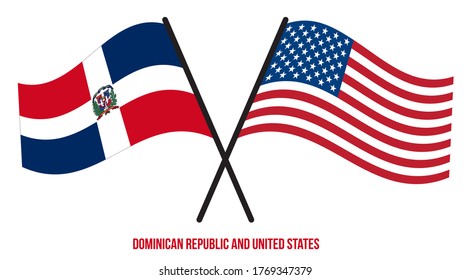 Dominican Republic and United States Flags Crossed And Waving Flat Style. Official Proportion.