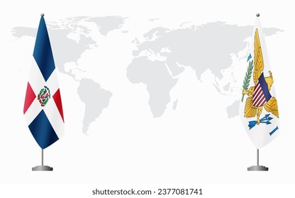 Dominican Republic and United States Virgin Islands flags for official meeting against background of world map.