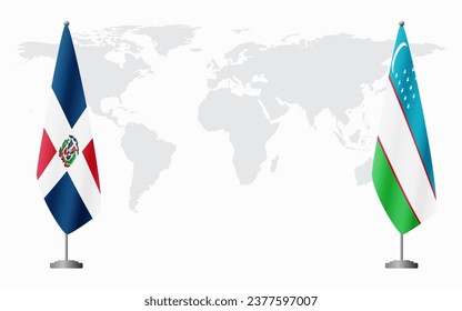 Dominican Republic and Uzbekistan flags for official meeting against background of world map.