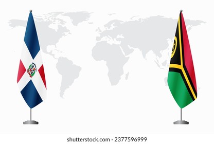 Dominican Republic and Vanuatu flags for official meeting against background of world map.