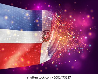 Dominican Republic, vector 3d flag on pink purple background with lighting and flares