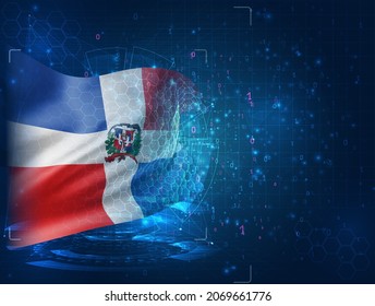 Dominican Republic, vector 3d flag on blue background with hud interfaces