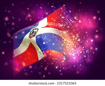 Dominican Republic, vector 3d flag on pink purple background with lighting and flares