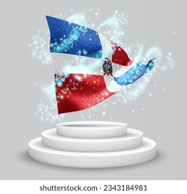 Dominican Republic, vector 3d flag on the podium surrounded by a whirlwind of magical radiance