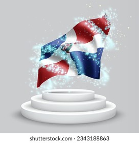 Dominican Republic, vector 3d flag on the podium surrounded by a whirlwind of magical radiance