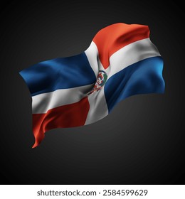 Dominican Republic, vector 3d flag with waves on a black background