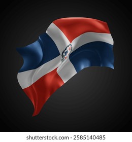 Dominican Republic, vector 3d flag with waves on a black background