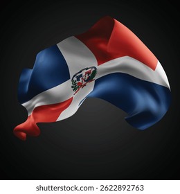 Dominikanische Republik, Vektor 3D-Flagge mit Wellen auf schwarzem Hintergrund