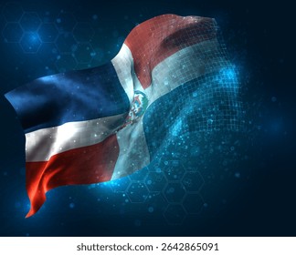 Dominican Republic, vector 3d flag virtual triangular polygons on a blue background