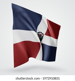 Dominican Republic, vector flag with waves and bends waving in the wind on a white background.
