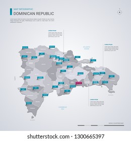 Dominican Republic vector map with infographic elements, pointer marks. Editable template with regions, cities and capital Santo Domingo. 