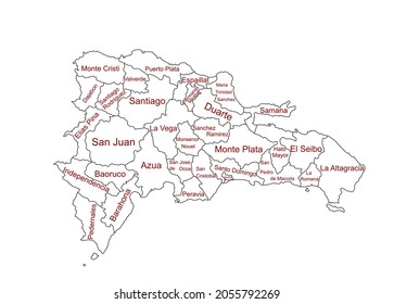 Dominican Republic vector map line contour silhouette illustration isolated on white background. High detailed. Separated regions and provinces with borders. Caribbean country, part of Haiti island.