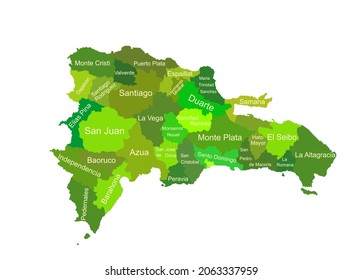 Dominican Republic vector map silhouette illustration isolated on white background. High detailed. Separated regions and provinces with borders. Caribbean country, part of Haiti island.