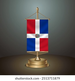 Dominican Republic Vertical table flag with golden pole on dark gradient background, Template banner vector  Illustration