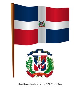 dominican republic wavy flag and coat of arms against white background, vector art illustration, image contains transparency