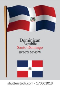 dominican republic wavy flag and coordinates against gray background, vector art illustration, image contains transparency