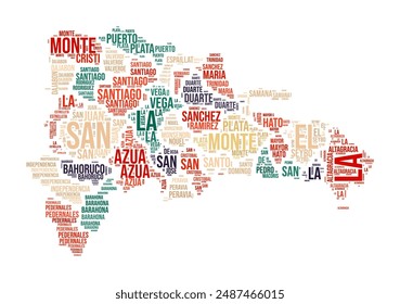 Nube de palabras de República Dominicana. Forma Country con división por regiones. Imagen de estilo tipográfico de República Dominicana. Nubes de etiquetas de nombres de región. Ilustración vectorial.