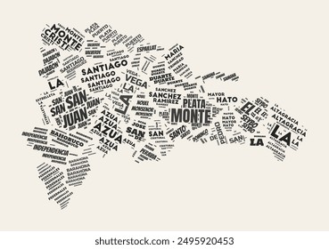 Dominican Republic Word Cloud. Country with regions division. Dominican Republic typographic text clouds vector image design. Vintage gazette style country shape image. Vibrant vector illustration.