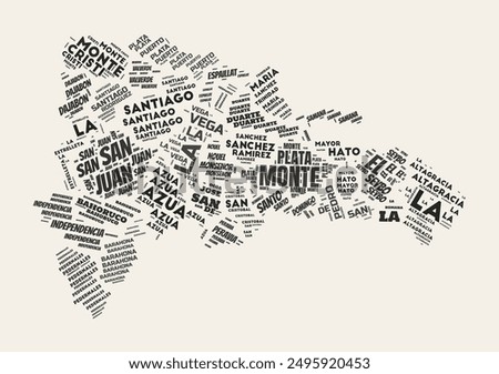 Dominican Republic Word Cloud. Country with regions division. Dominican Republic typographic text clouds vector image design. Vintage gazette style country shape image. Vibrant vector illustration.