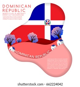 Dominican Republic : World Flag in paper cut shapes with trees and mountains in the layers : Vector Illustration