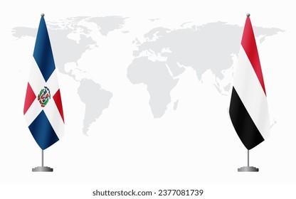 Dominican Republic and Yemen flags for official meeting against background of world map.