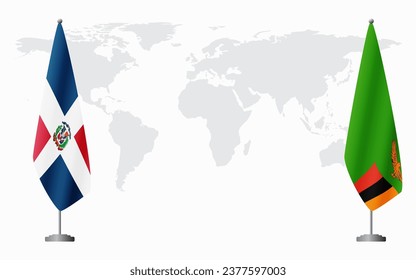 Dominican Republic and Zambia flags for official meeting against background of world map.