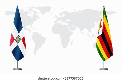 Dominican Republic and Zimbabwe flags for official meeting against background of world map.