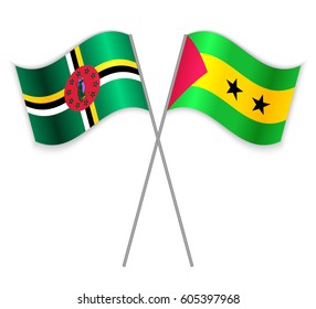 Dominican and Sao Tomean crossed flags. Dominica combined with Sao Tome and Principe isolated on white. Language learning, international business or travel concept.