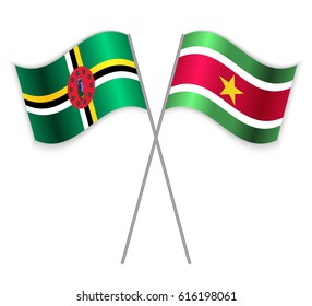 Dominican and Surinamese crossed flags. Dominica combined with Suriname isolated on white. Language learning, international business or travel concept.