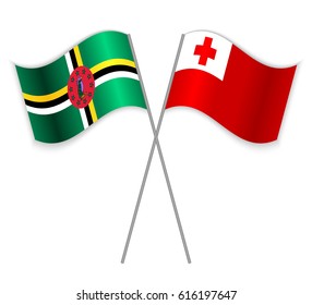 Dominican and Tongan crossed flags. Dominica combined with Tonga isolated on white. Language learning, international business or travel concept.
