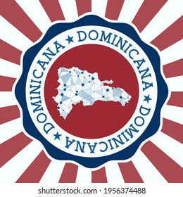 Insignia dominicana. Logo redondo de país con mapa triangular de malla y rayos radiales. Vector EPS10.