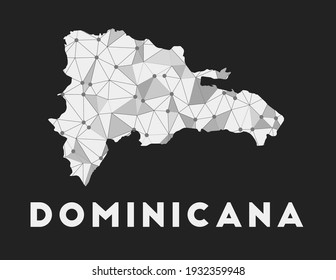 Dominicana - mapa de la red de comunicación del país. Diseño geométrico de moda dominicano sobre fondo oscuro. Tecnología, internet, red, concepto de telecomunicaciones. Ilustración vectorial.