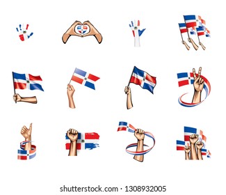 Dominicana flag and hand on white background. Vector illustration