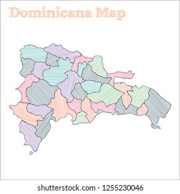 Dominicana hand-drawn map. Colorful sketchy country outline. Exquisite Dominicana map with provinces. Vector illustration.