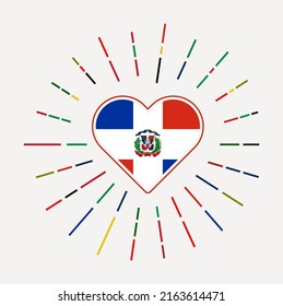 Corazón dominicano con bandera del país. Explosión de sol alrededor del signo cardíaco dominicano. Ilustración vectorial.