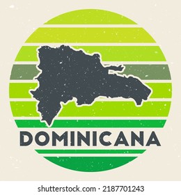 Dominicana logo. Sign with the map of country and colored stripes, vector illustration. Can be used as insignia, logotype, label, sticker or badge of the Dominicana.