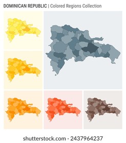 Dominicana map collection. Country shape with colored regions. Blue Grey, Yellow, Amber, Orange, Deep Orange, Brown color palettes. Border of Dominicana with provinces for your infographic.