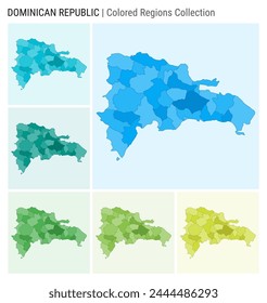 Dominicana map collection. Country shape with colored regions. Light Blue, Cyan, Teal, Green, Light Green, Lime color palettes. Border of Dominicana with provinces for your infographic.